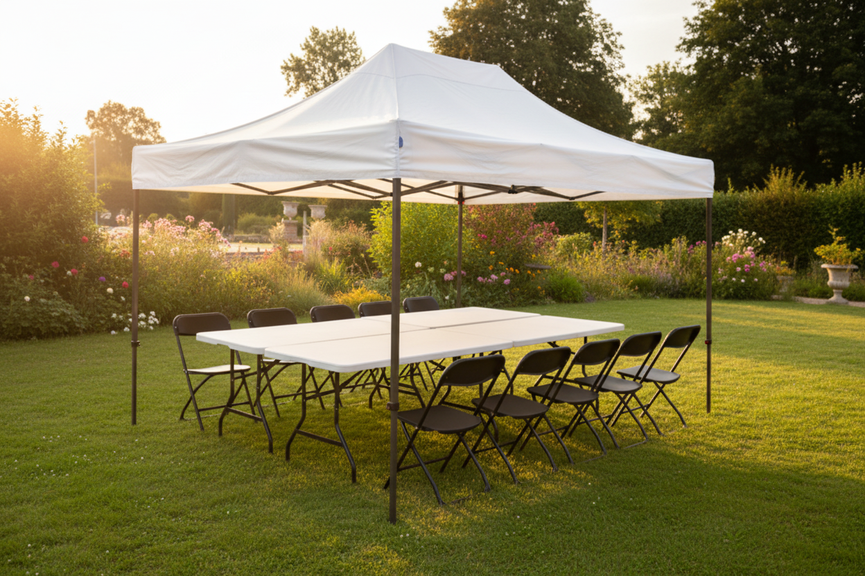 Chaises et tables sous barnum - jardin
